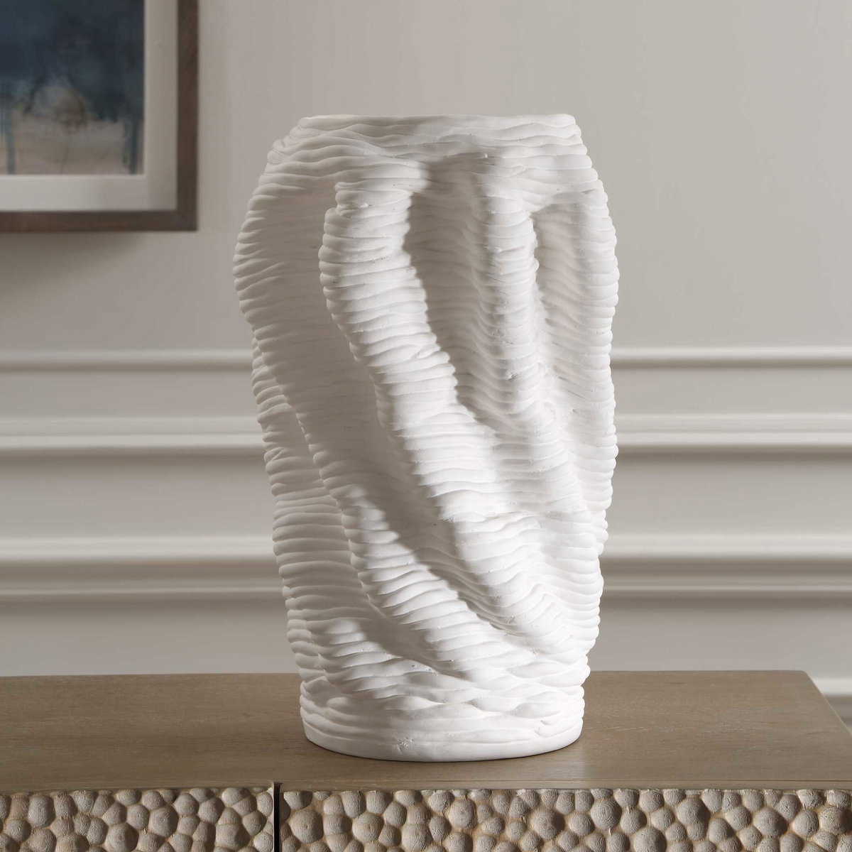 Stratified Matte White Vase, by Uttermost, 9" width x 13.75" height x 9" depth View 3