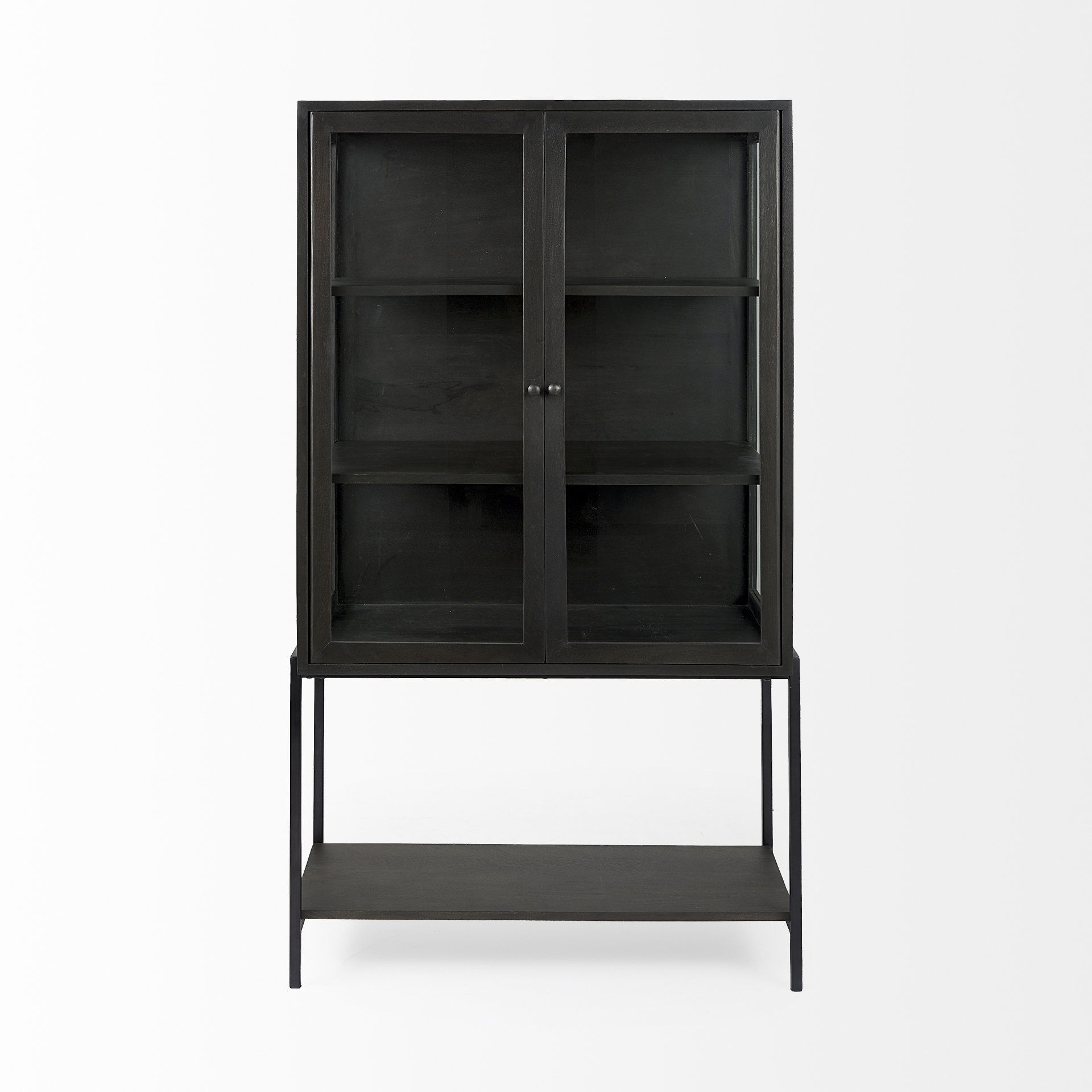 Arelius 36L x 18W x 63H Black-Brown Wood with Black Metal Base Display Cabinet large image 