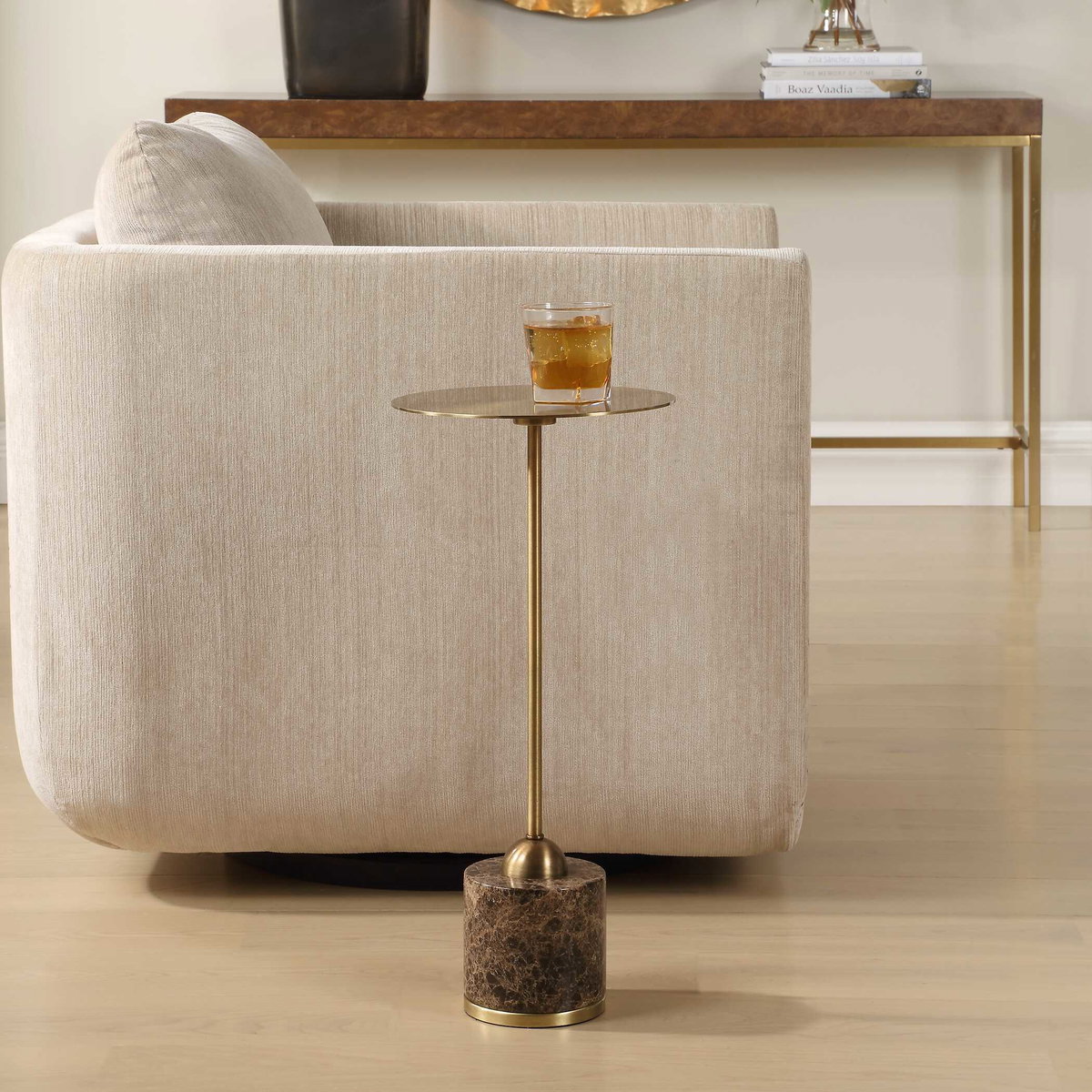 Verlin Brass Drink Table, Side & End Table by Uttermost, 10" width x 21.75" height x 10" depth View 2