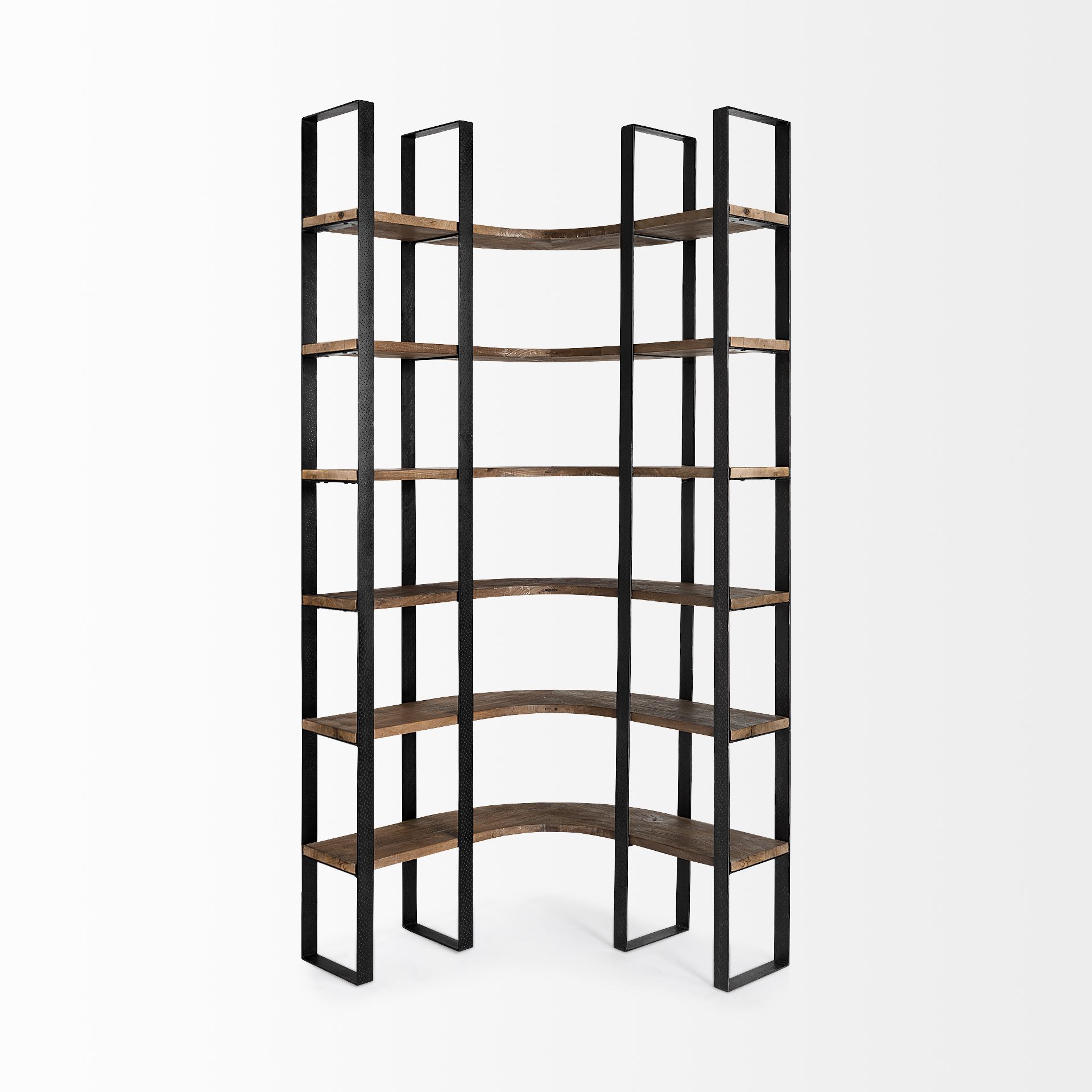 Turner II 37L x 10.5W x 90H Curved Dark Brown Wood And Black Iron Six Shelving Unit, Shelving & Bookcase by Mercana, 36.5" length x 36.5" width x 90" height View 4