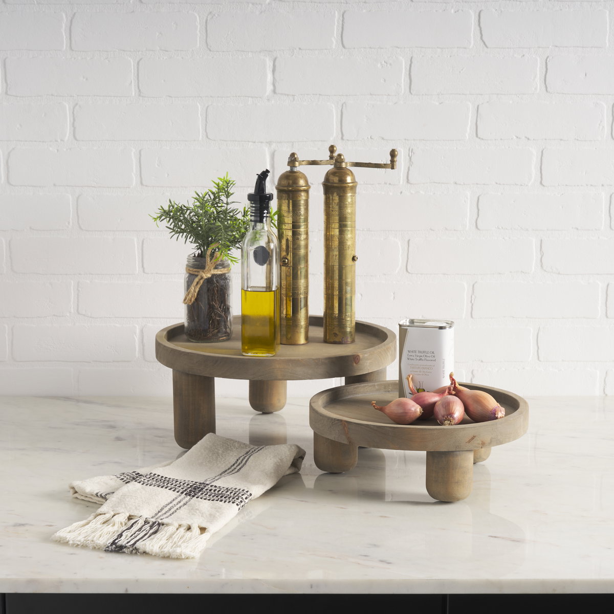 Virve Round Light Brown Wood with Gray Wash Wooden Trays, Decorative Tray by Mercana, 13.25" length x 13.25" width x 5.75" height View 2