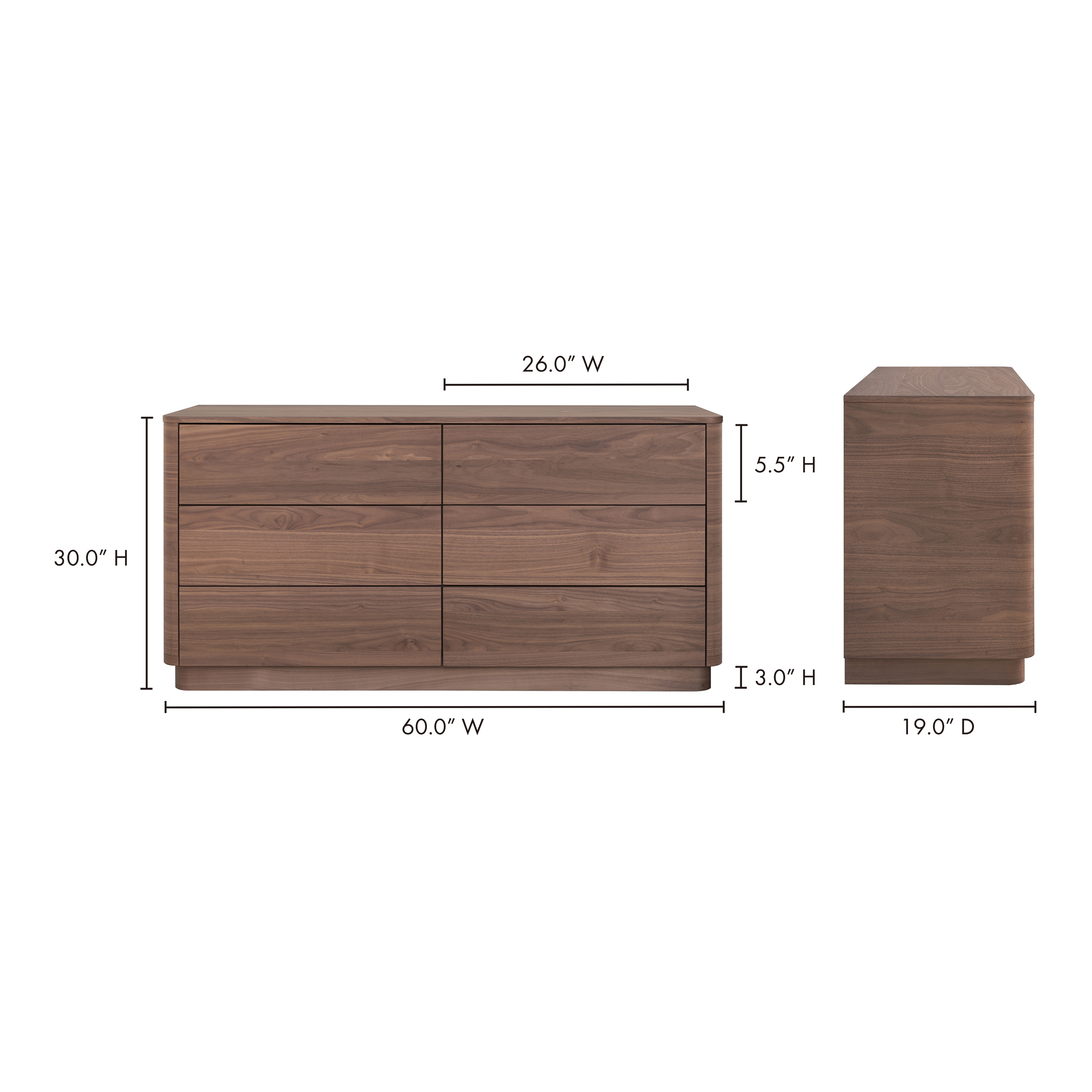 Round Off Dresser Walnut Brown, by Moe's Home, 60" width x 30" height x 19" depth View 10