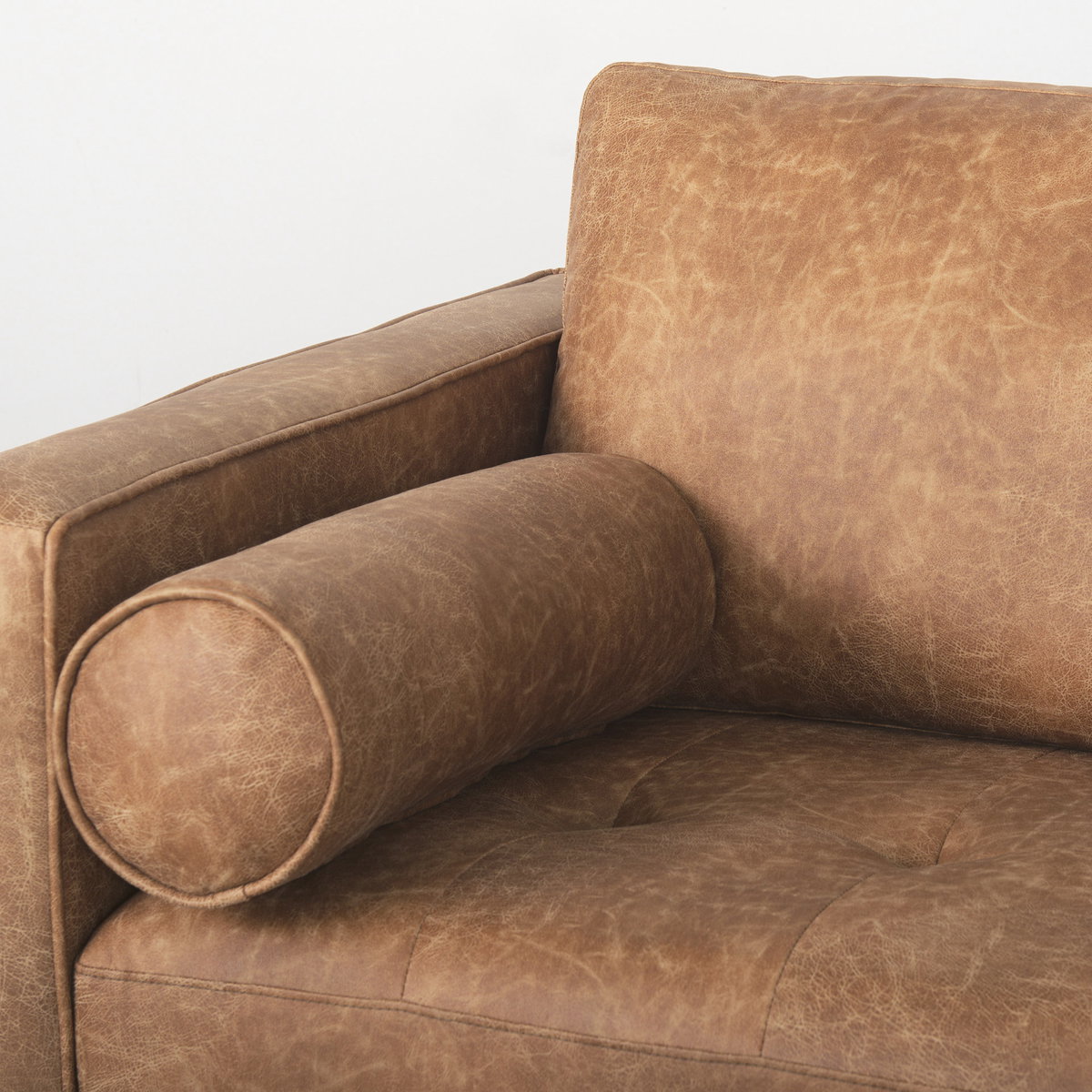 Loretta  Cognac Brown Faux Leather Three Seater Sofa with Two Bolster Cushions, Sofas & Sectional by Mercana, 87.99" length x 36.22" width x 33.86" height View 9