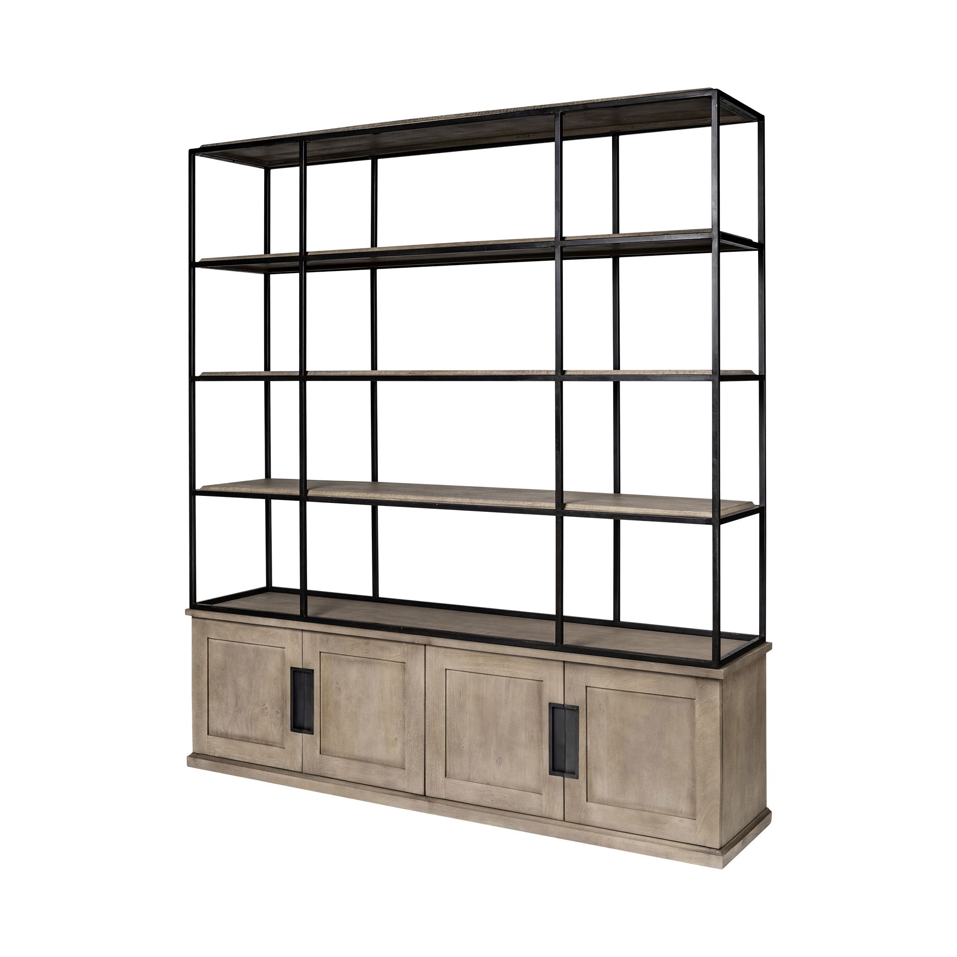 Braxton I Light Brown Wood and Iron Three Shelf Shelving Unit 81.5L x 18.5W x 90, Shelving & Bookcase by Mercana, 81.5" length x 18.5" width x 90" height View 1