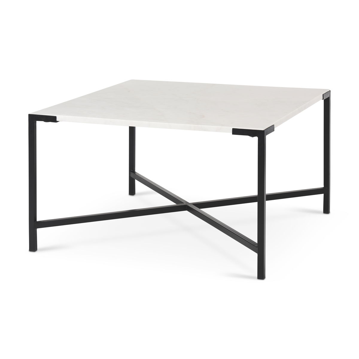 Lucas 30x30 White Marble Top Black Metal Base Coffee Table, by Mercana, 30" length x 30" width x 17" height View 1