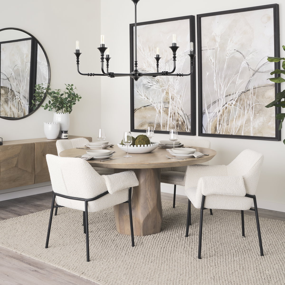 Brently Curved Back Dining Arm Chair | Cream Boucle with Metal, Dining Chair by Mercana, 24.5" length x 29.5" width x 32.5" height View 2
