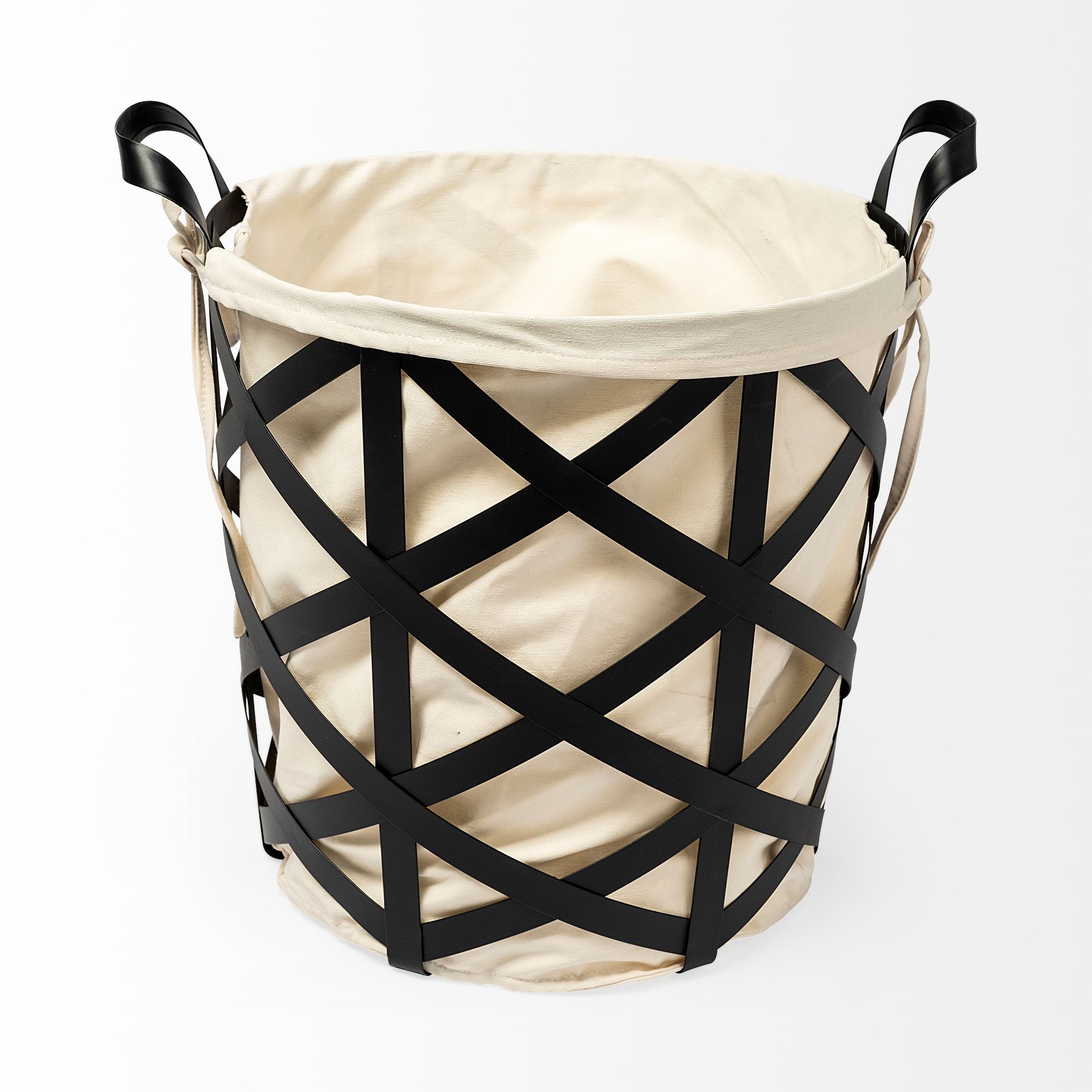 Liya 18L x 15W Black Metal Basket with Cream Fabric Liner, Bins & Basket by Mercana, 18.11" length x 14.57" width x 17.32" height View 4