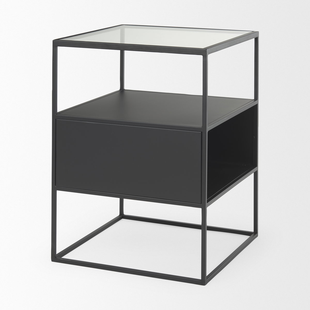 Samson  Side Table Matte Black Metal and Glass, Side & End Table by Mercana, 15.75" length x 15.75" width x 21.26" height View 6