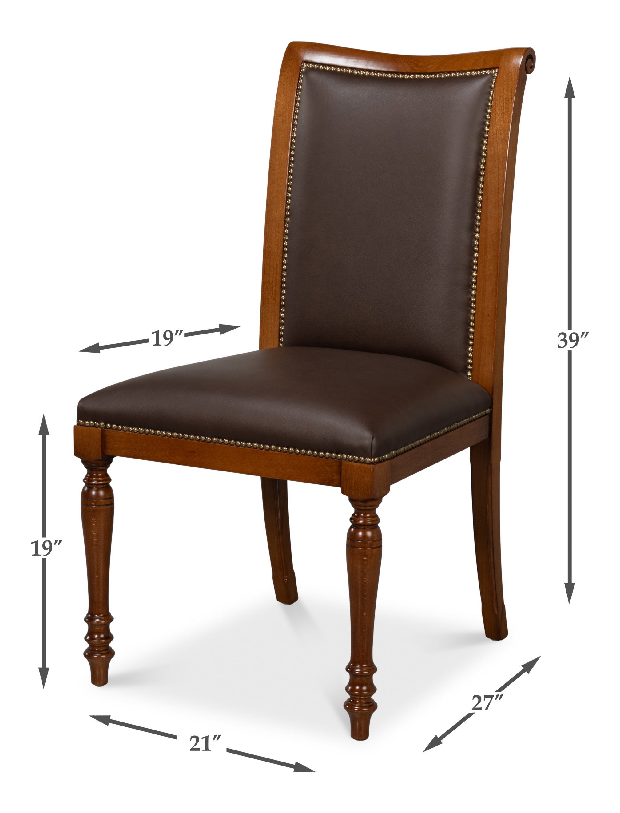 Camile Leather Side Chair, Brown, Dining Chair by Sarreid, 21" length x 27" width x 39" height View 13