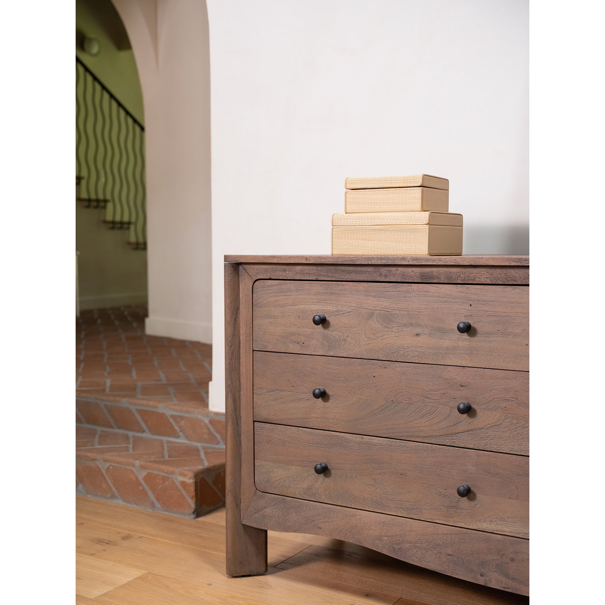 Mabel 6 Drawer Dresser Dark Brown, by Moe's Home, 64.3" width x 30.75" height x 20.2" depth View 9