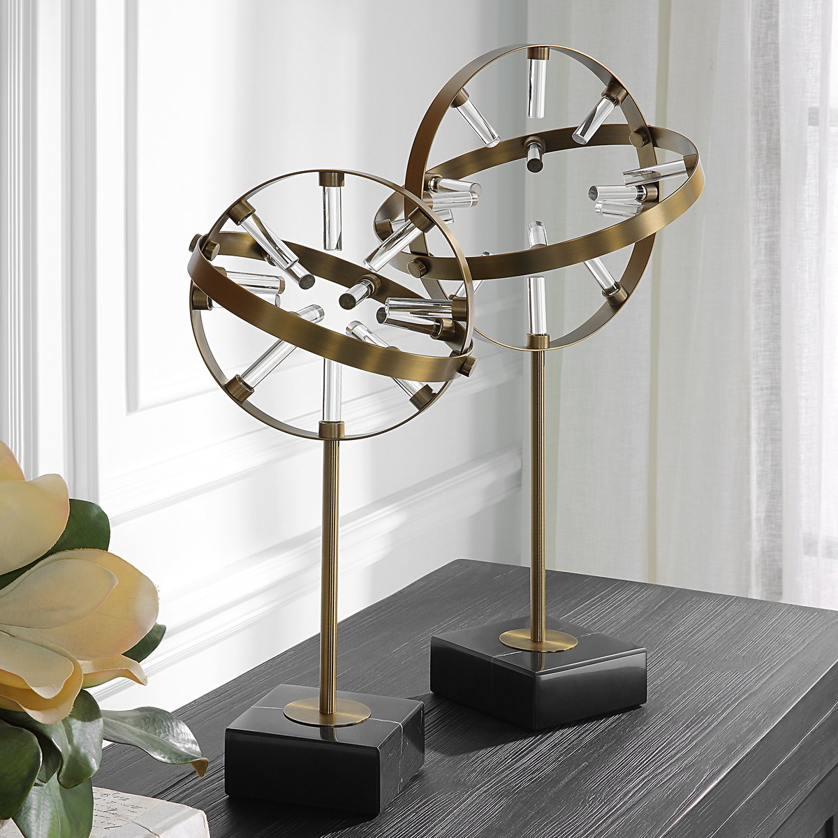 Realm Spherical Brass Sculptures Set Of 2, Decorative by Uttermost, 10.62" width x 21.5" height x 4.75" depth View 2