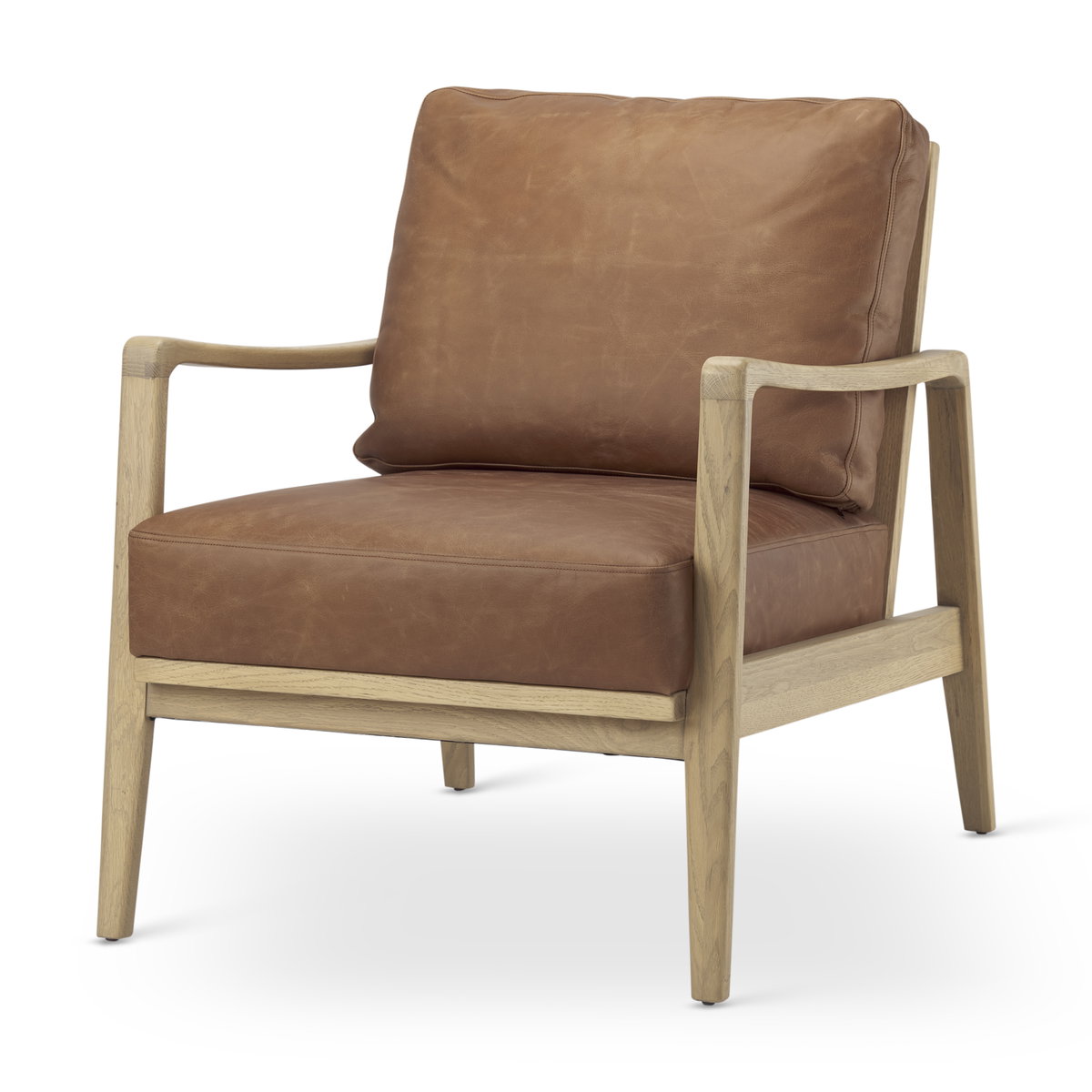 Raeleigh  Cognac Leather with Light Brown Wood Frame Accent Chair, by Mercana, 27.95" length x 34.06" width x 34.45" height View 1