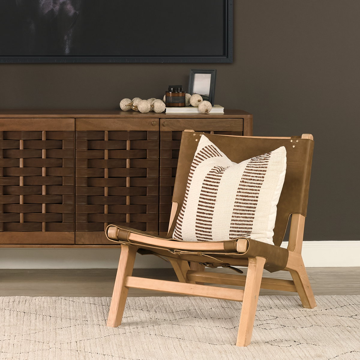 Elodie 24.4L x 33.9W x 30.7H Brown Leather with Natural Beech Wood Frame Accent Chair, by Mercana, 24.41" length x 31.9" width x 30.71" height View 2