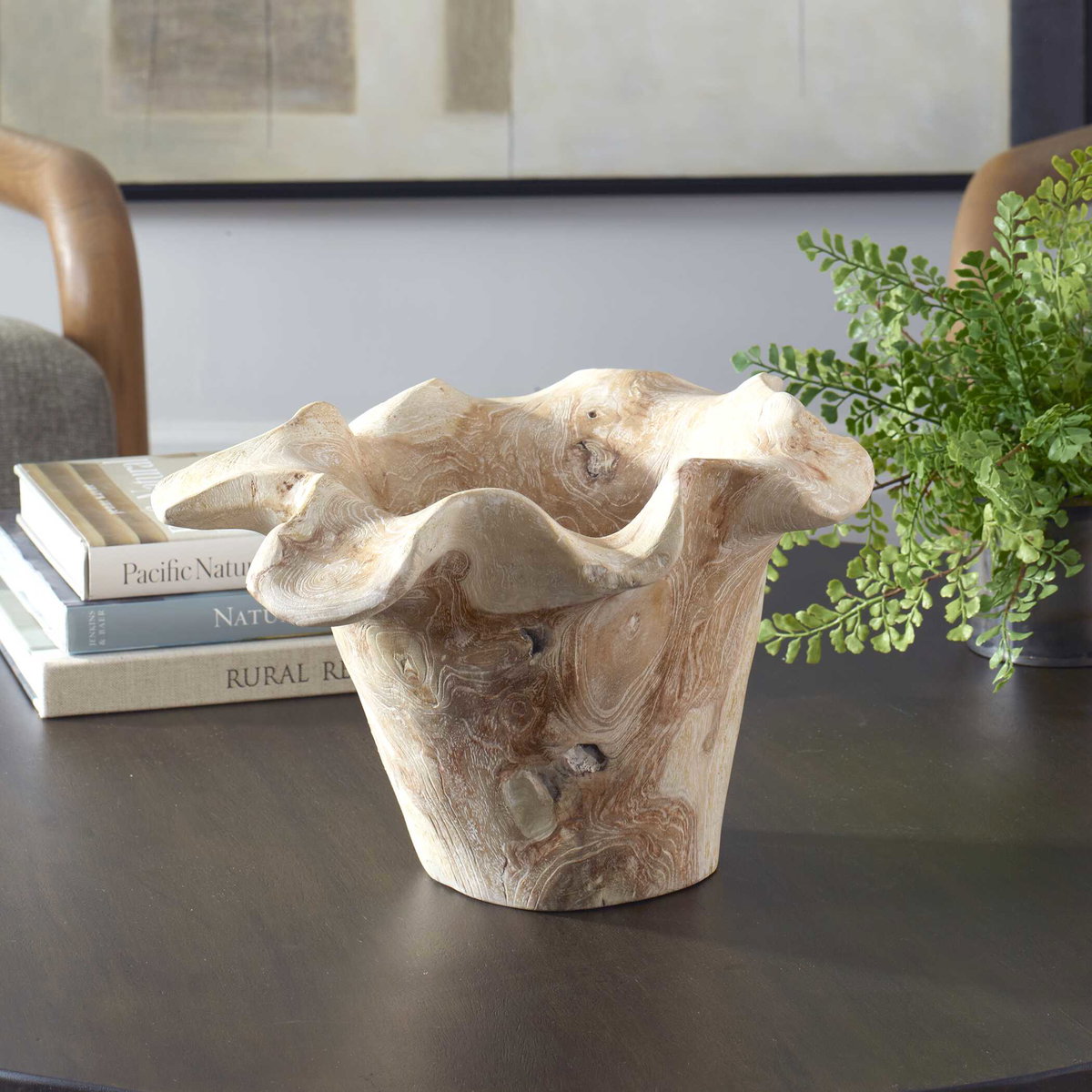 Teak Flow White Wash Outdoor Bowl, Decorative Tray by Uttermost, 15.8" width x 10" height x 15.8" depth View 2