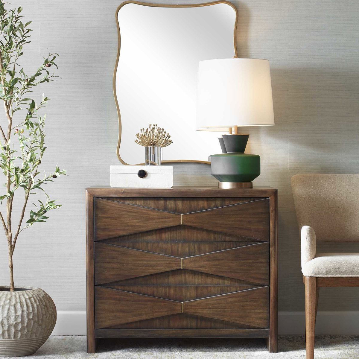 Bowtie 3 Drawer Mid-Century Chest, Furniture by Uttermost, 38" width x 33" height x 17" depth View 2