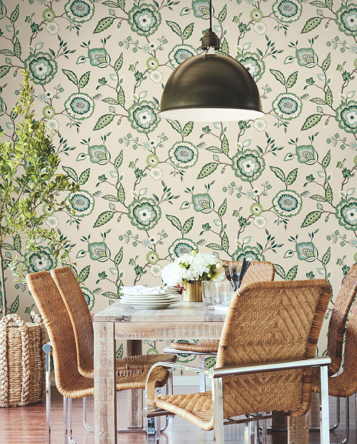 Dahlia Blooms Green & Beige Wallpaper large image 