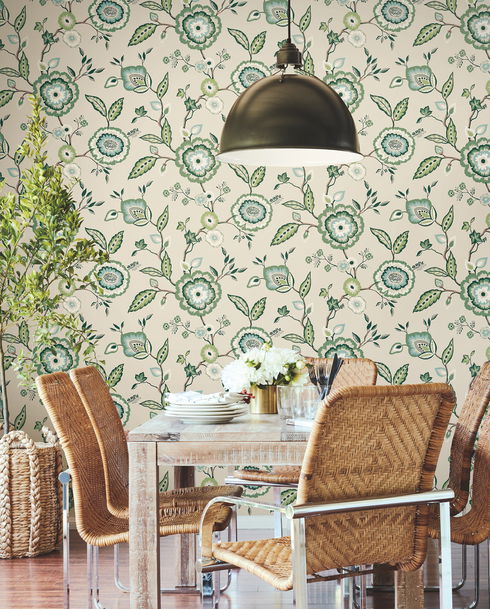 Dahlia Blooms Green & Beige Wallpaper