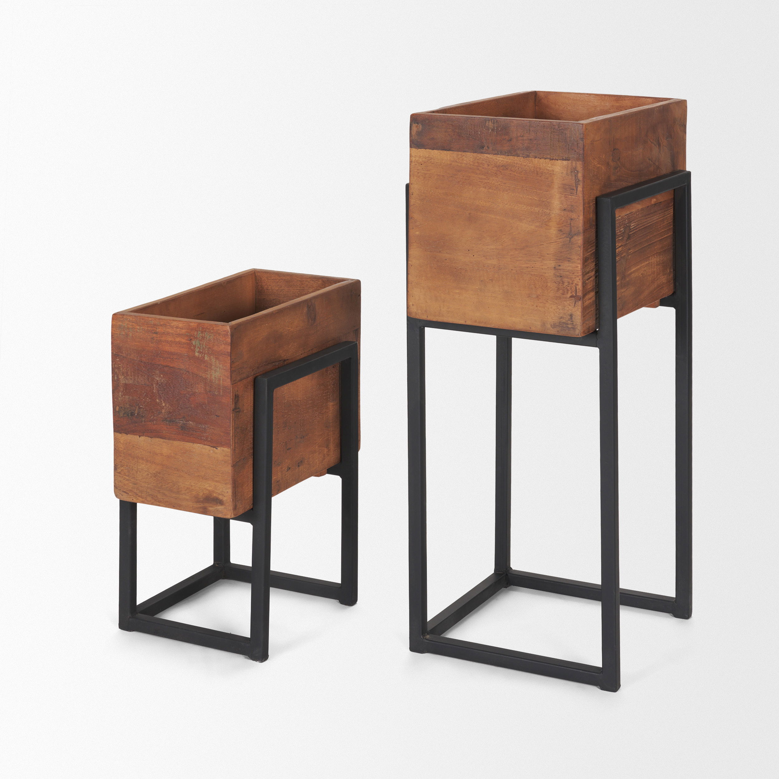 Jadine Set of 2 Medium Brown Wood with Black Metal Rectangle Frames, Planter by Mercana, 15" length x 12" width x 30" height View 8