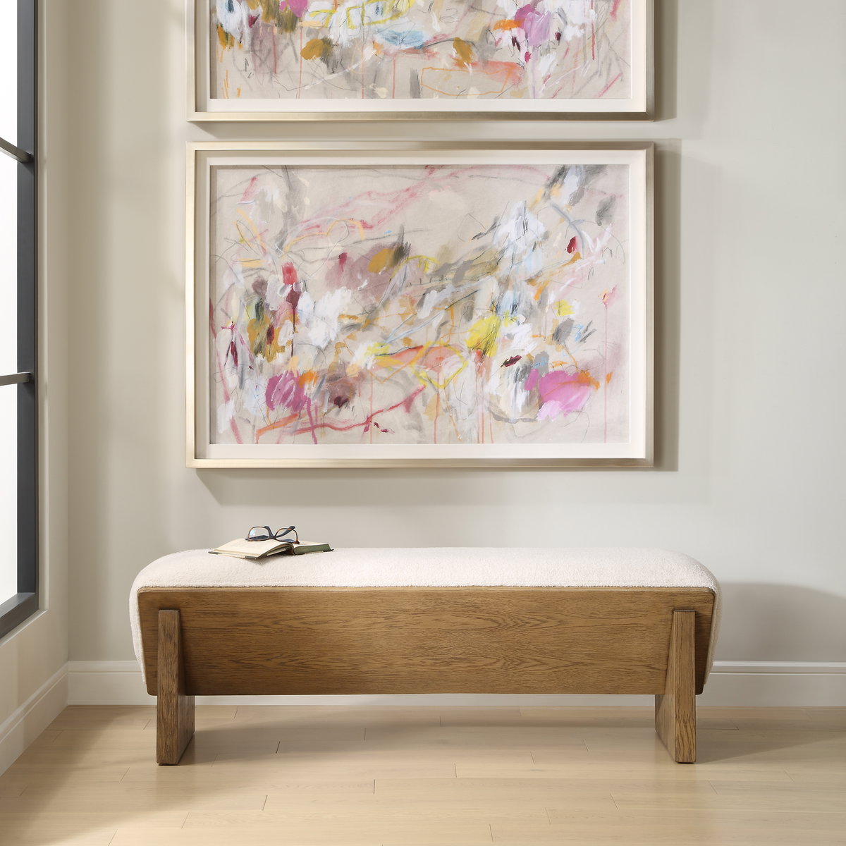 Wedged Ivory Fabric Bench, Benche by Uttermost, 59" width x 17" height x 19" depth View 2