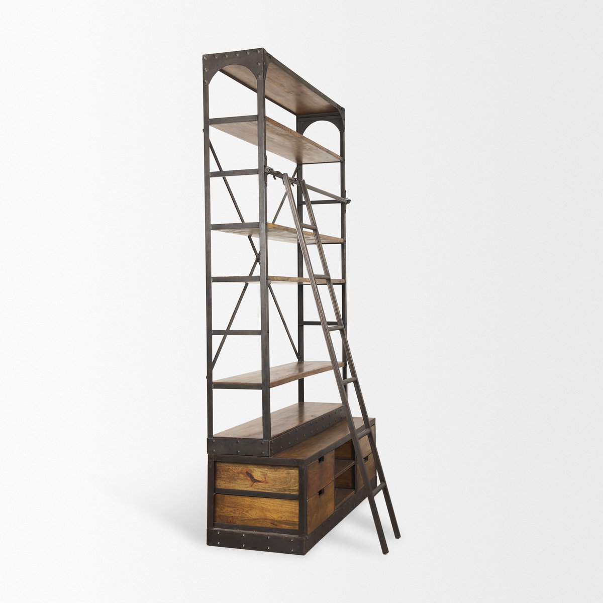 Brodie II Medium Brown Wood Black Ladder Four Shelf Shelving Unit 57L x 20.5W x94H, Shelving & Bookcase by Mercana, 57" length x 19.5" width x 94" height View 6