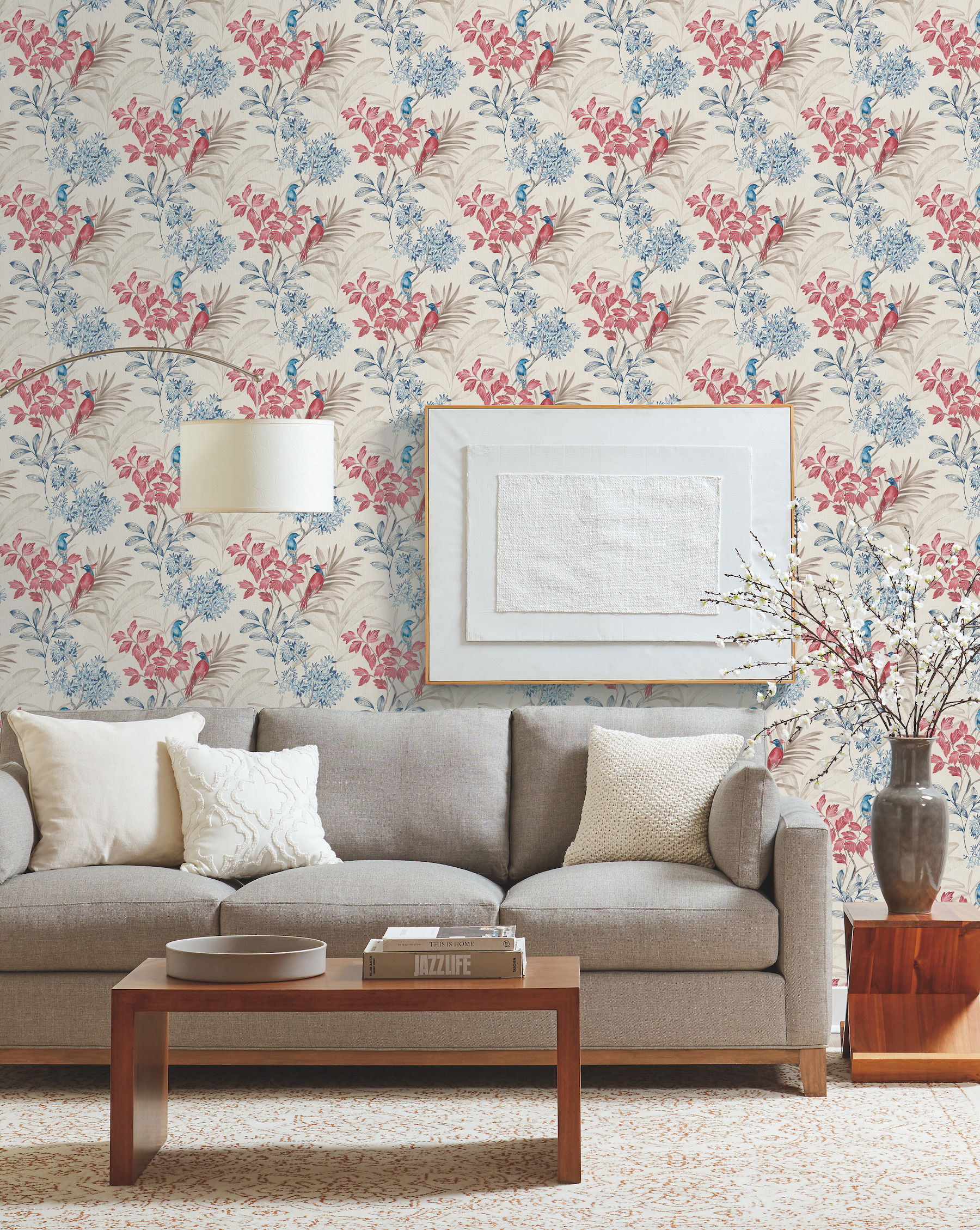Handpainted Songbird Red & Blue Wallpaper large image 