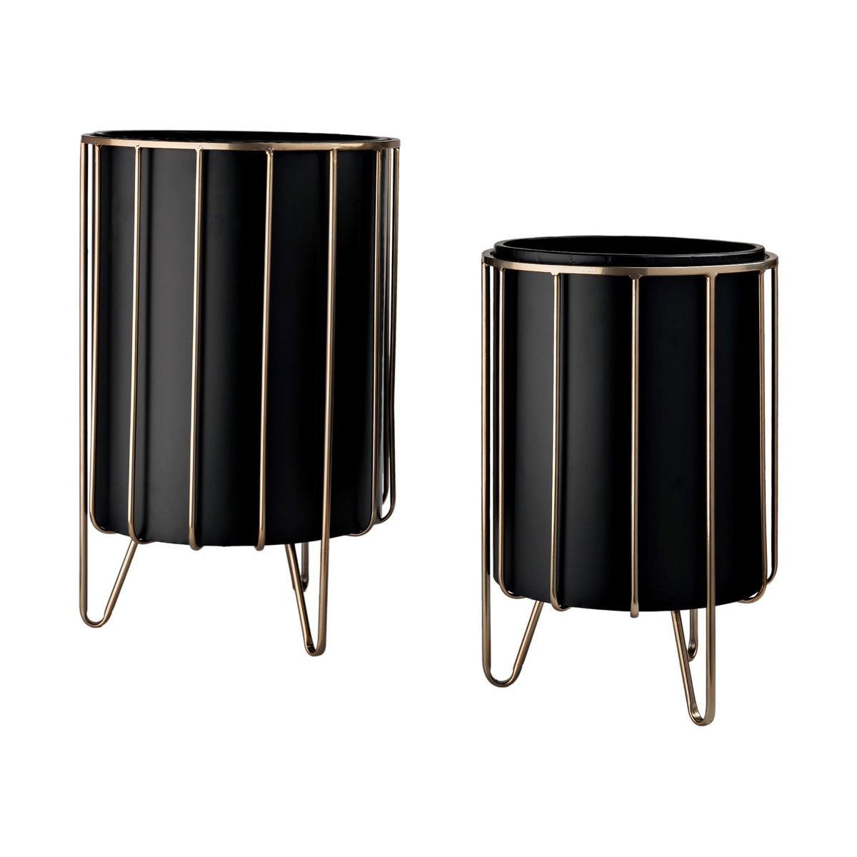 Pianta 13 x 21 Set of Two Black Metal Insert Brass Frame Plant Stands, Planter by Mercana, 12.8" length x 12.8" width x 20.87" height View 1