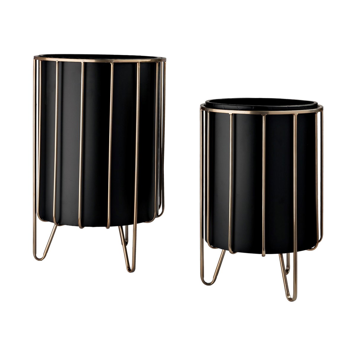 Pianta 13 x 21 Set of Two Black Metal Insert Brass Frame Plant Stands, Planter by Mercana, 12.8" length x 12.8" width x 20.87" height View 1