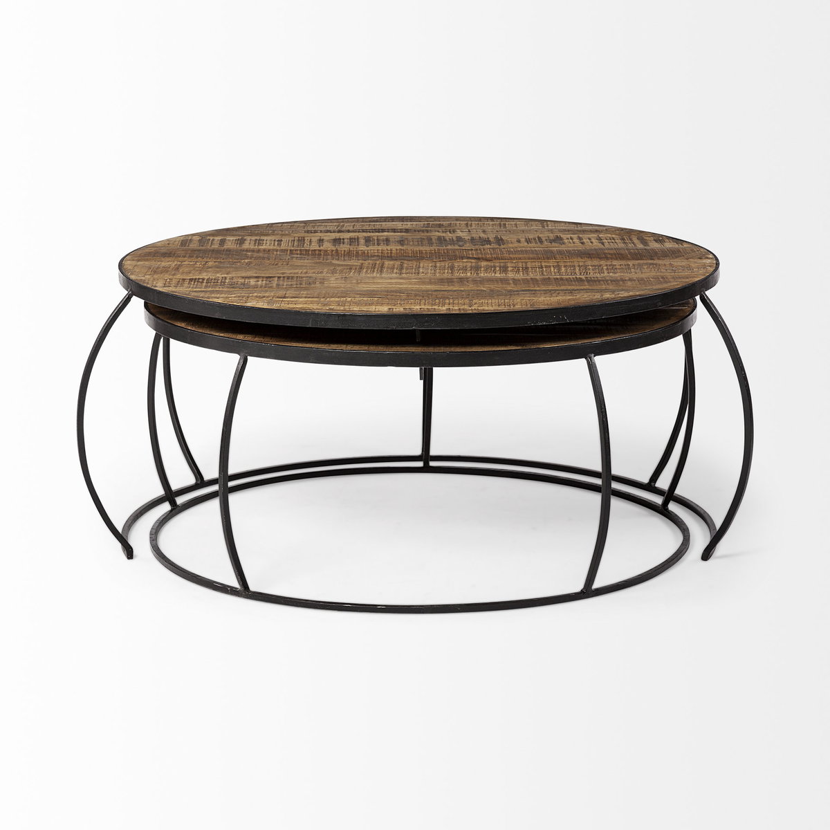 Clapp I Set of 2 (41' & 38') Round Brown Wood Top Black Iron Base Nesting Coffee Tables, by Mercana, 44" length x 44" width x 20" height View 7