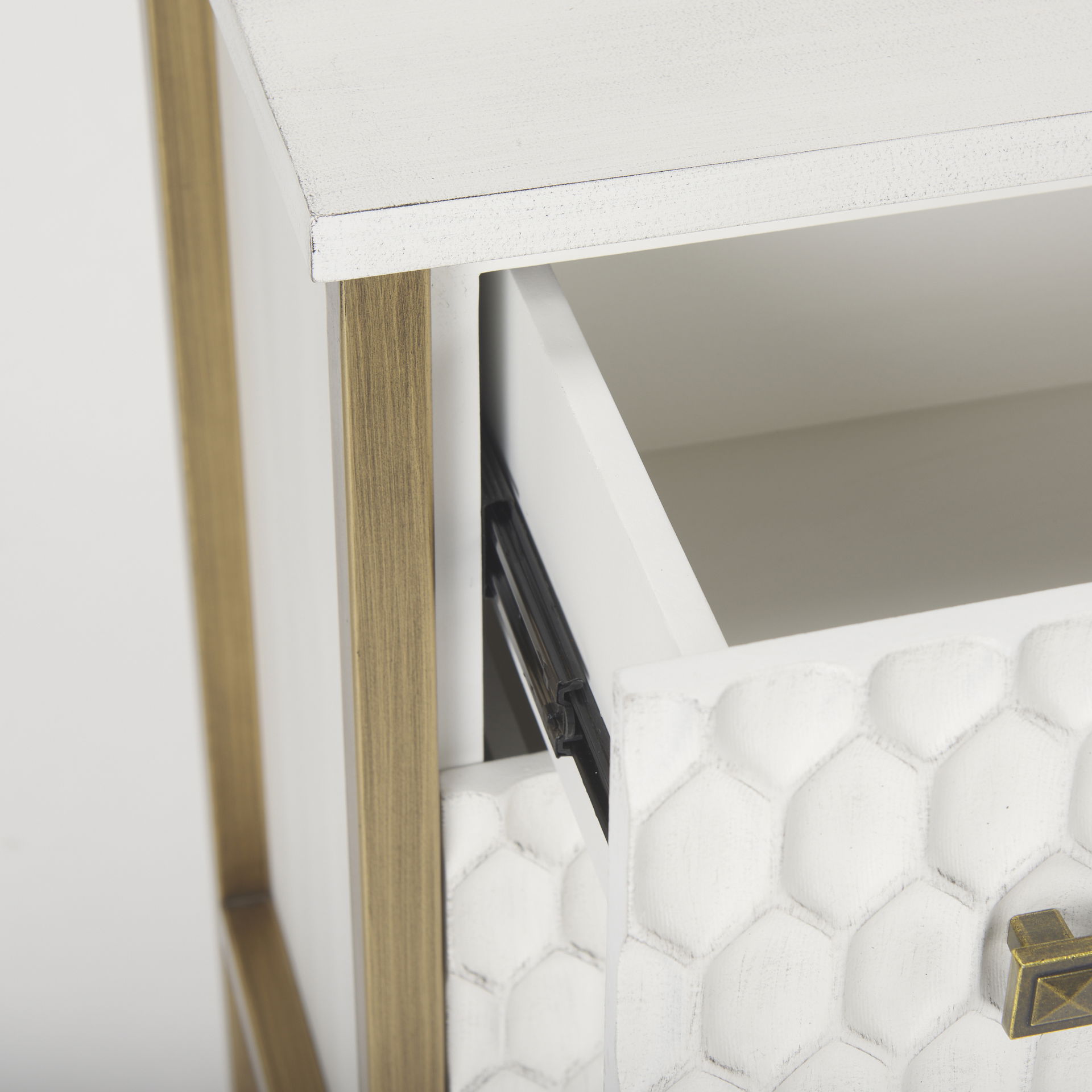 Savannah White Fir Veneer with Gold Metal 3-Drawer Accent Cabinet, Cabinets & Chest by Mercana, 31.89" length x 15.94" width x 31.5" height View 11