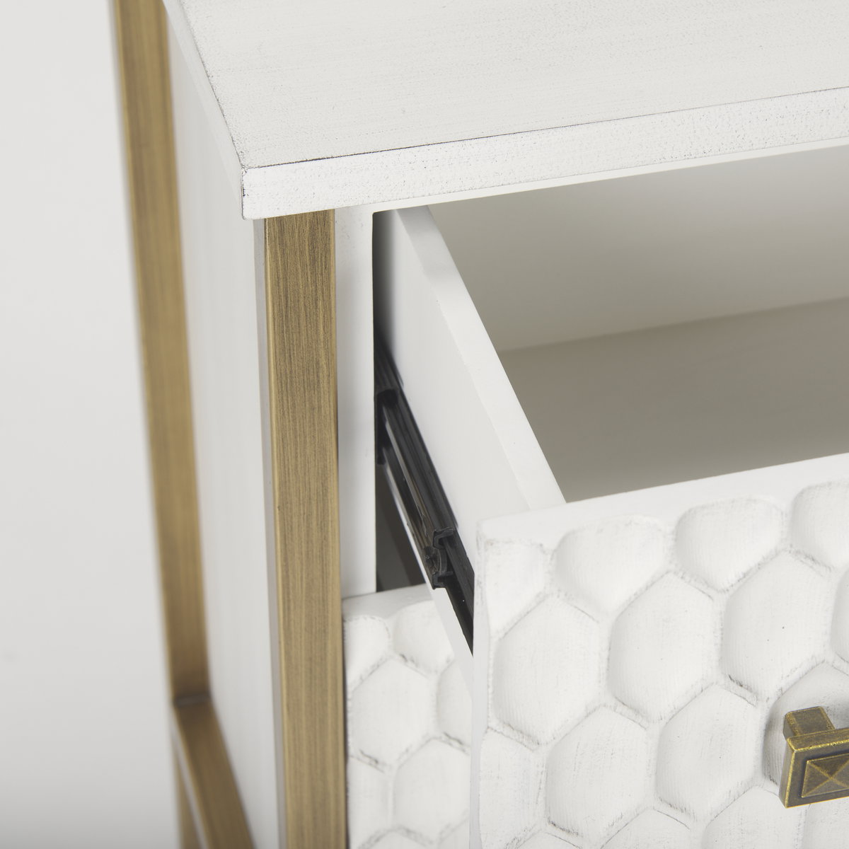 Savannah White Fir Veneer with Gold Metal 3-Drawer Accent Cabinet, Cabinets & Chest by Mercana, 31.89" length x 15.94" width x 31.5" height View 11