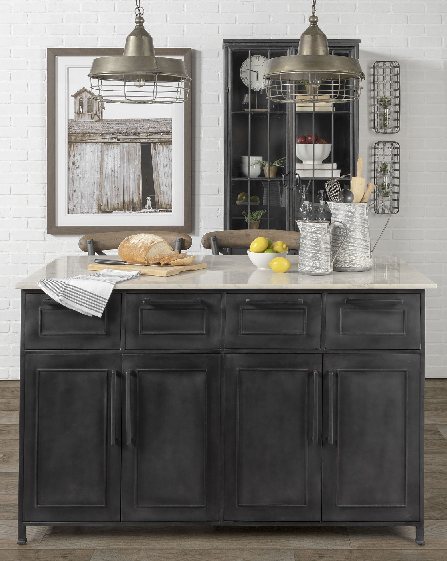 Fieri Solid Iron Black Body White Marble Top Four Drawer Kitchen Island large image 