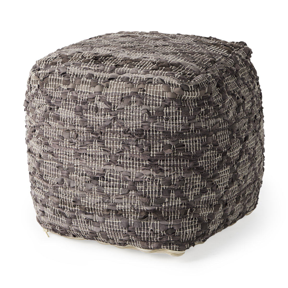 Falguni  Gray Leather and Cotton Patterned Pouf, Ottoman by Mercana, 16" length x 16" width x 16" height View 1