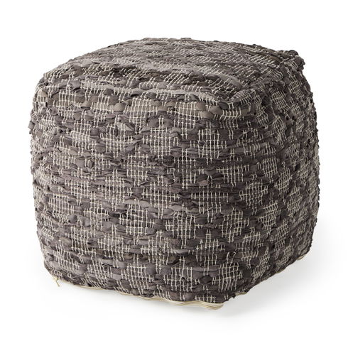 Falguni  Gray Leather and Cotton Patterned Pouf
