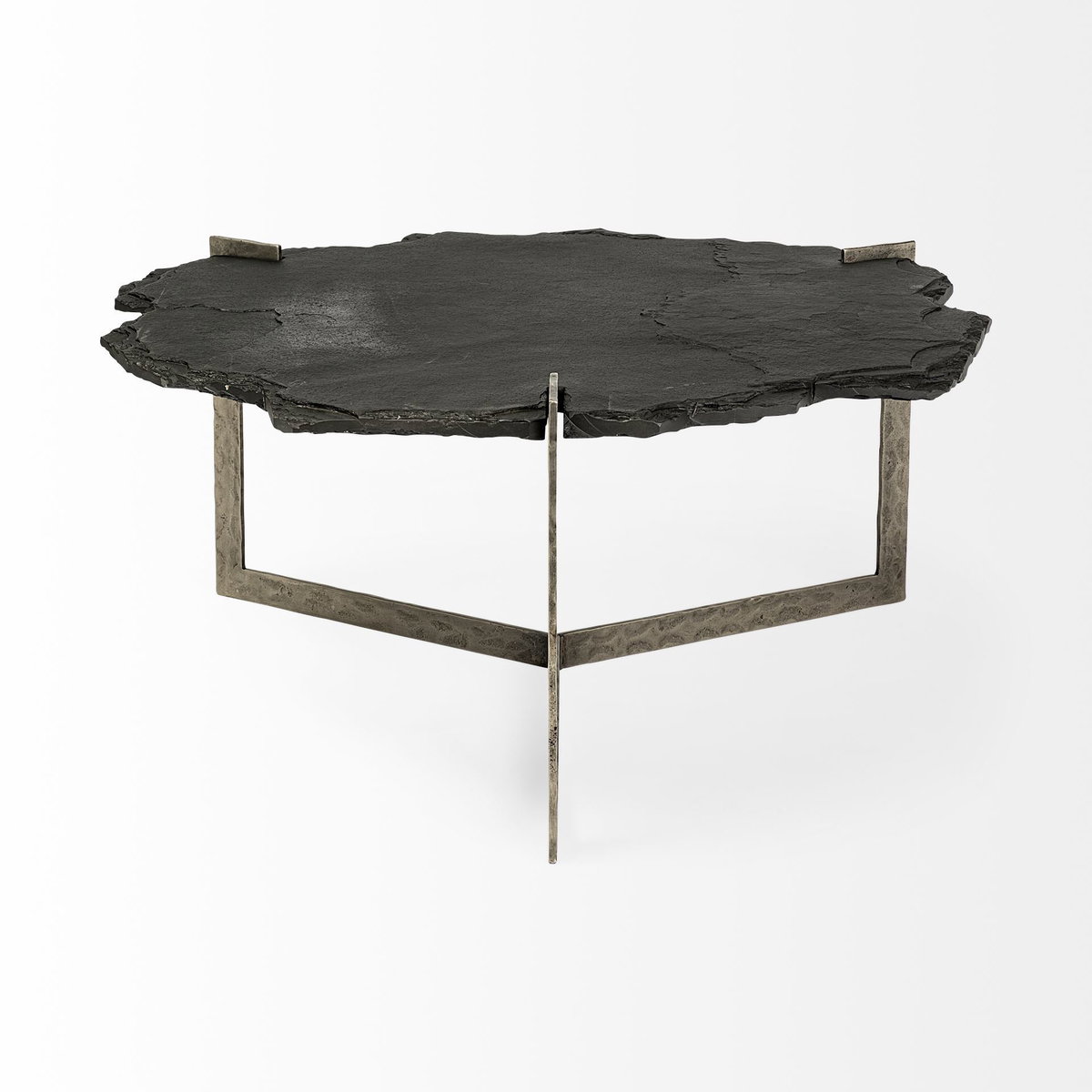 Shale 37' Irregular Live-Edge Black Slate with Flat Iron Base Coffee Table, by Mercana, 37" length x 37" width x 17.5" height View 6