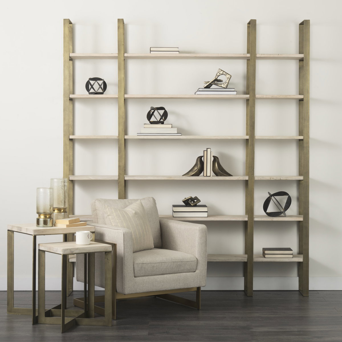 Taunton 80L x 10.5W x 90H Light Brown Wood with Gold Metal Frame 6 Tier Shelving Unit, Shelving & Bookcase by Mercana, 80" length x 10.5" width x 90" height View 3