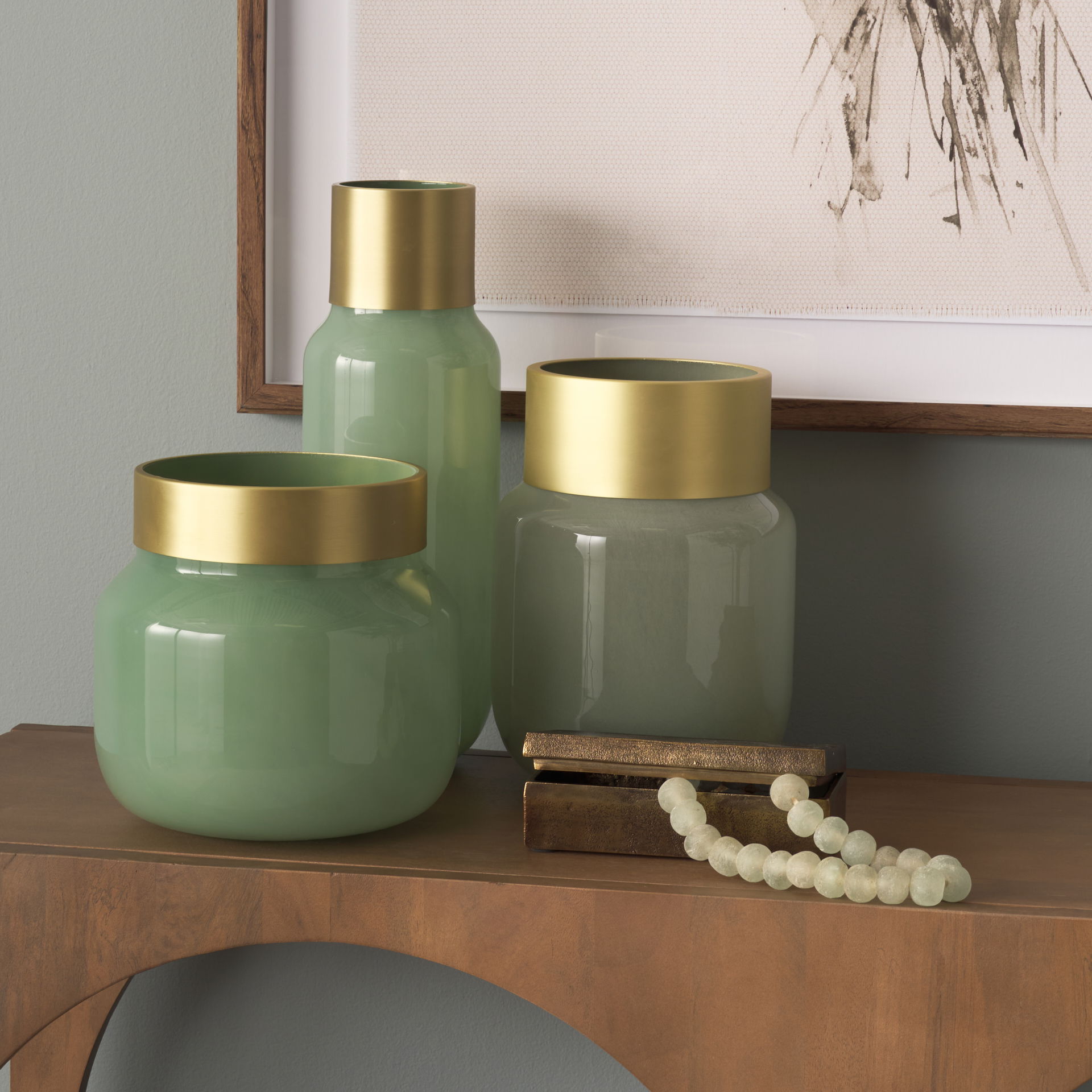 Minty   Green Glass Vase with Matte Gold Metal Neck Cuff, by Mercana, 5.67" length x 5.67" width x 16.8" height View 3