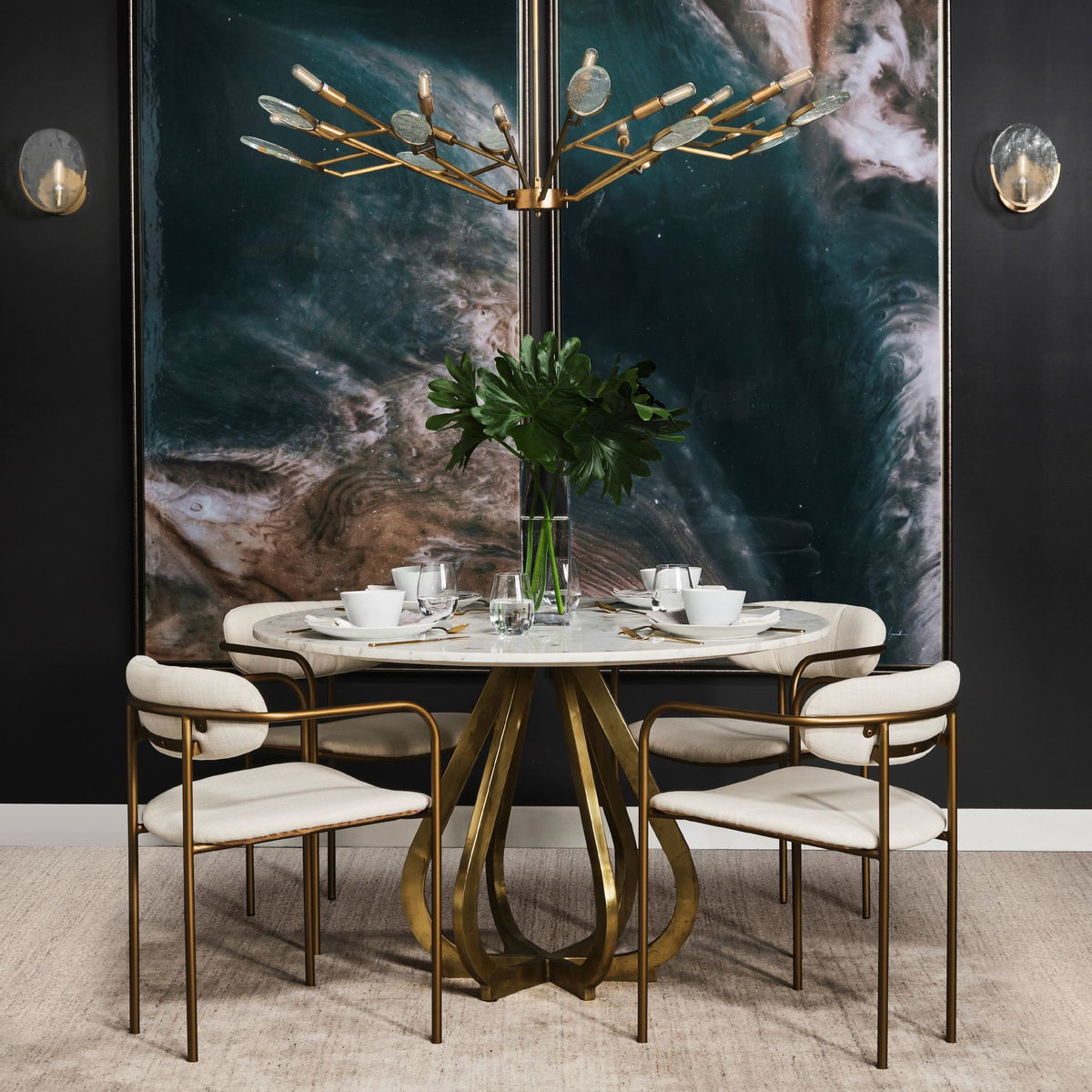 Parker Curved Back Dining Arm Chair | Cream Fabric with Gold Metal, Dining Chair by Mercana, 21.46" length x 21.06" width x 28.74" height View 2