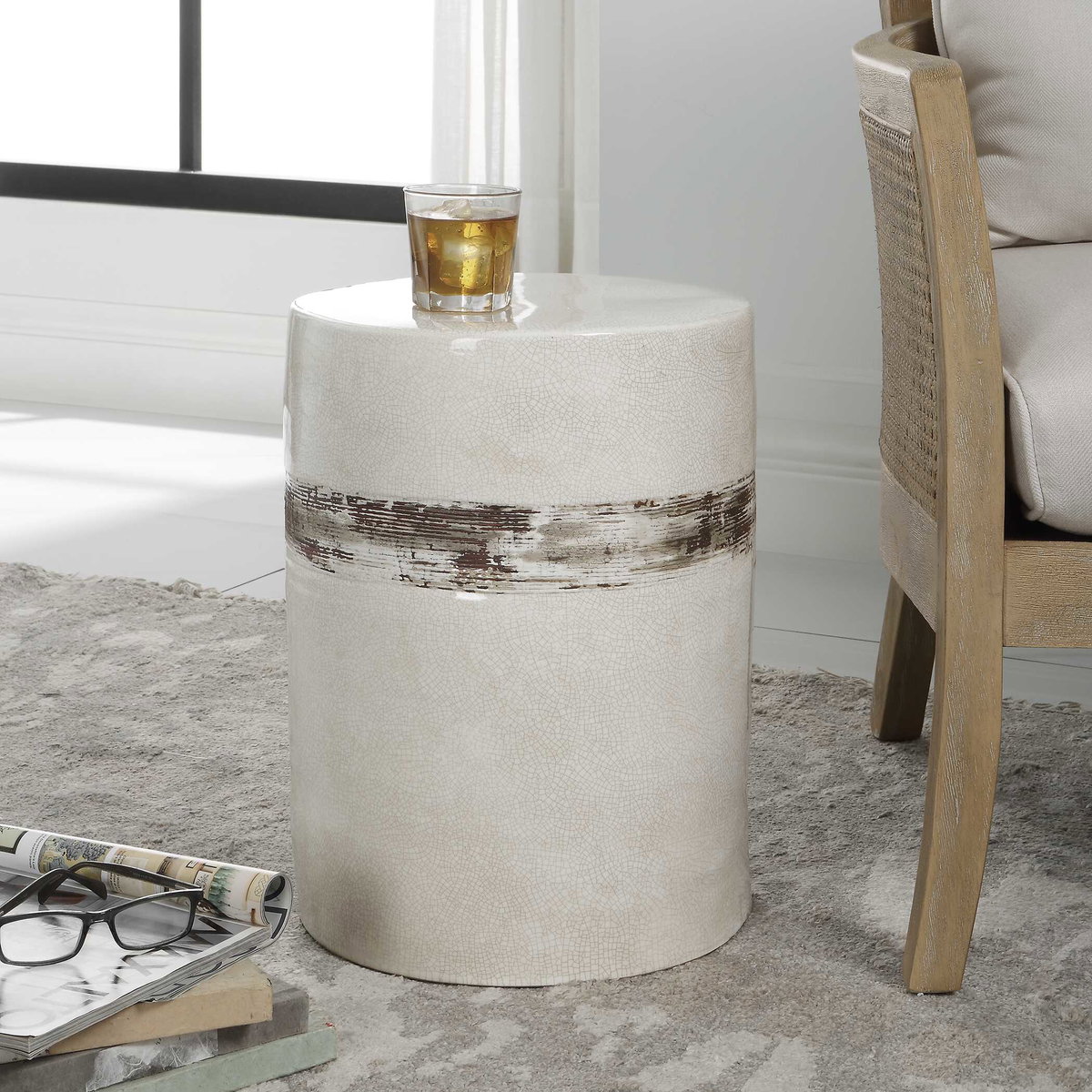 Comanche White Ceramic Garden Stool, Side & End Table by Uttermost, 13" width x 18" height x 13" depth View 4