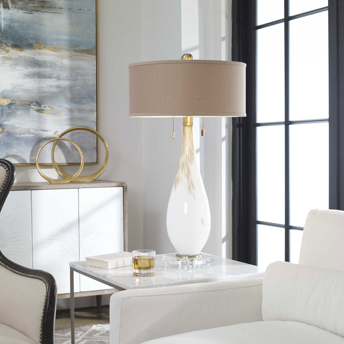 Cardoni White Glass Table Lamp, by Uttermost, 18" width x 32" height x 18" depth View 2