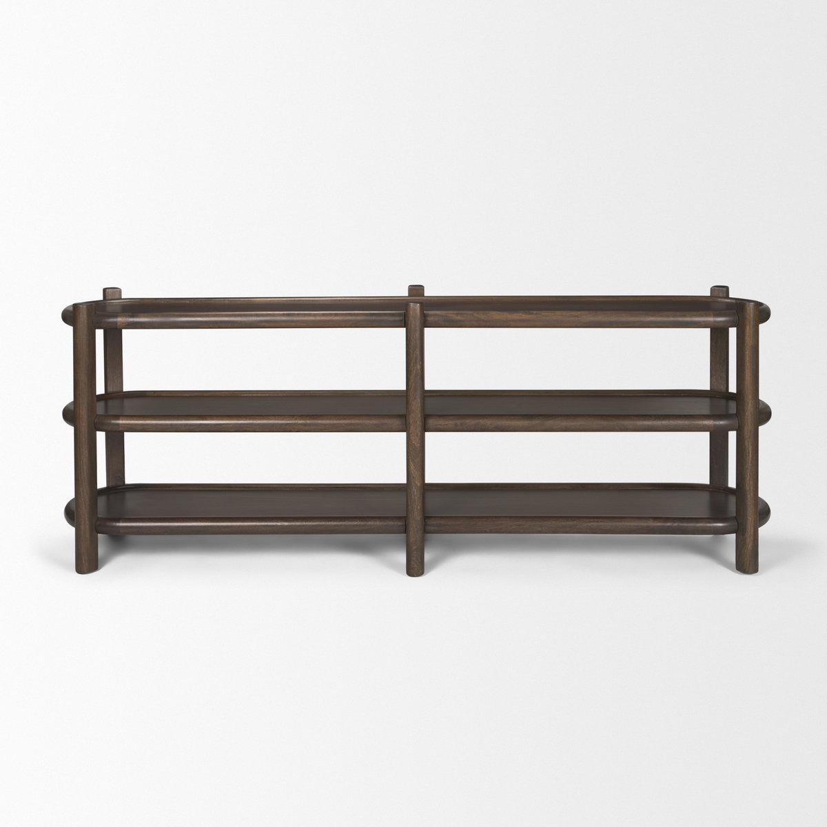 Romi Dark Brown Wood with 3 Shelves Oval Console Table, by Mercana, 80" length x 19" width x 30" height View 4
