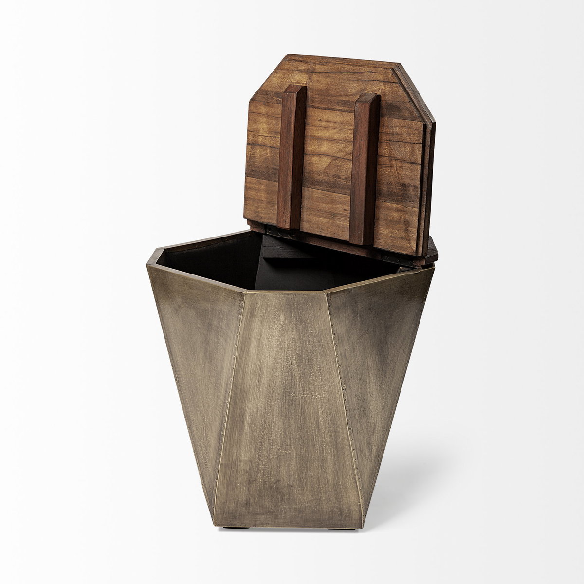 Esagono Octagonal Gold Metal-Clad Reclaimed Wood End/Side Table with Storage, Side & End Table by Mercana, 19" length x 19" width x 21" height View 9
