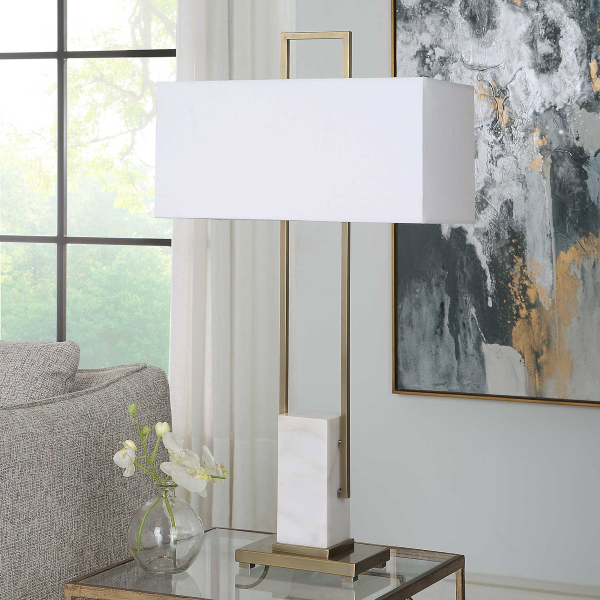 Column White Marble Table Lamp, by Uttermost, 19" width x 35" height x 9" depth View 4