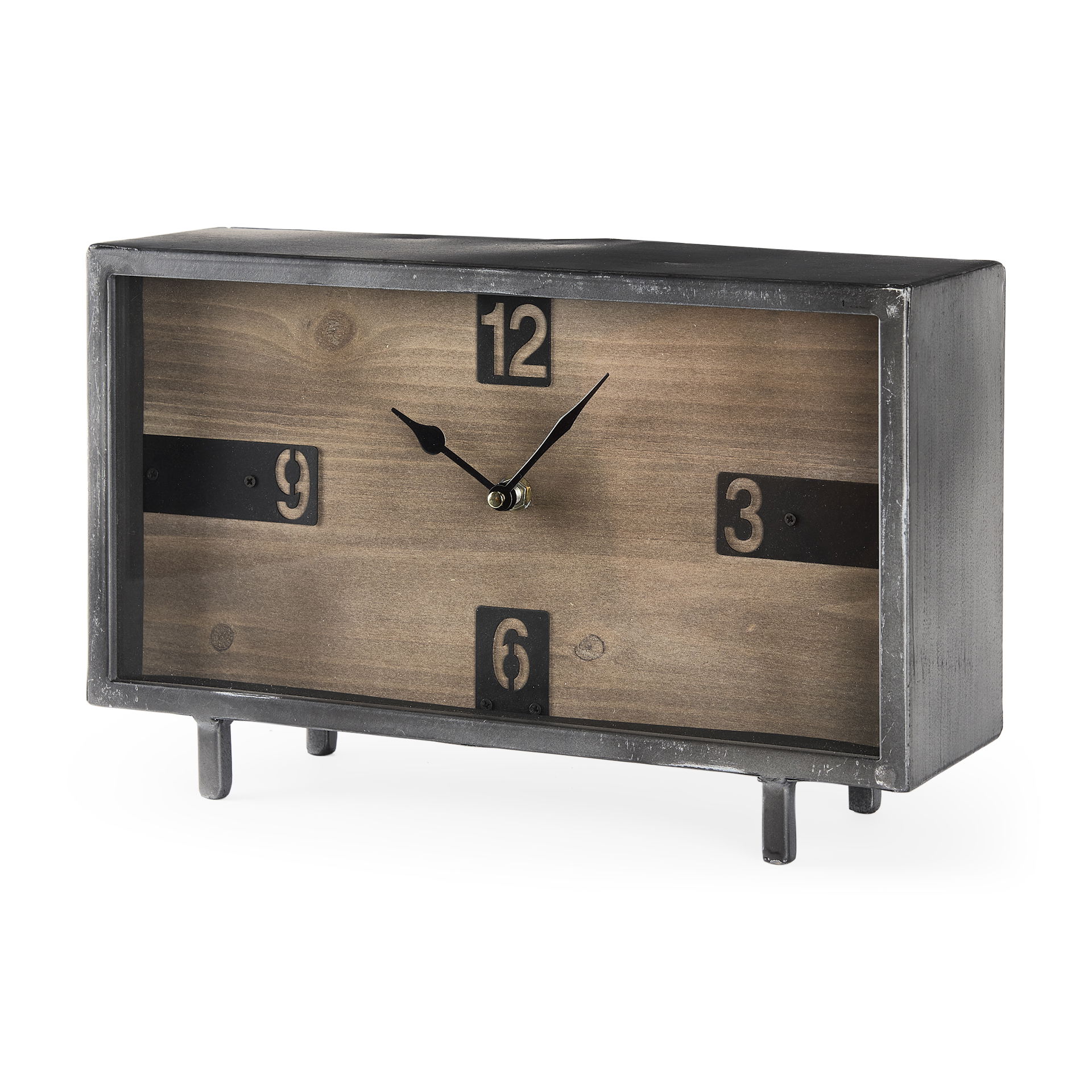 Harvey  Black Metal and Wood Rectangular Table Clock, by Mercana, 12.99" length x 4.53" width x 8.07" height View 1