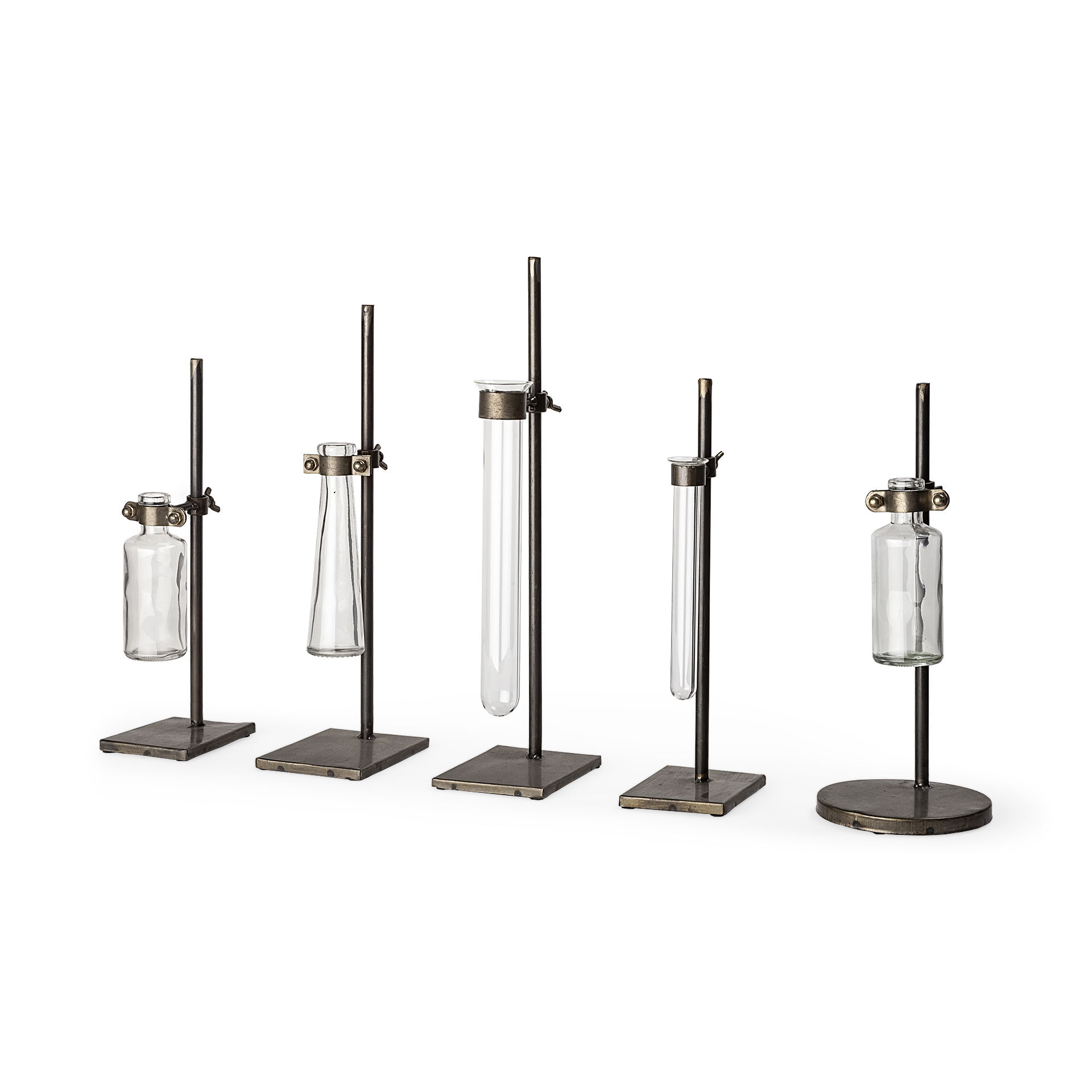 Jarvis Set of Five Dark Brown Metal and Glass Chemistry Inspired Bottles large image 