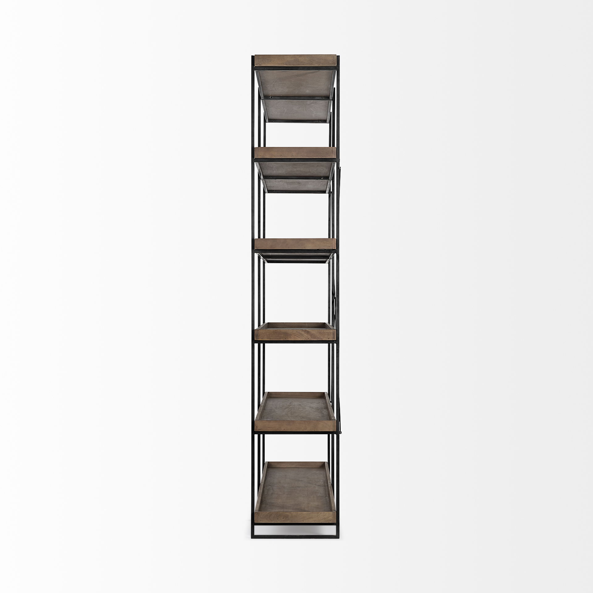 Trey IV 80L x 16W x 87.5H  Medium Brown Wood and Iron Five Tray Shelf Shelving Unit, Shelving & Bookcase by Mercana, 80" length x 16" width x 87.5" height View 5