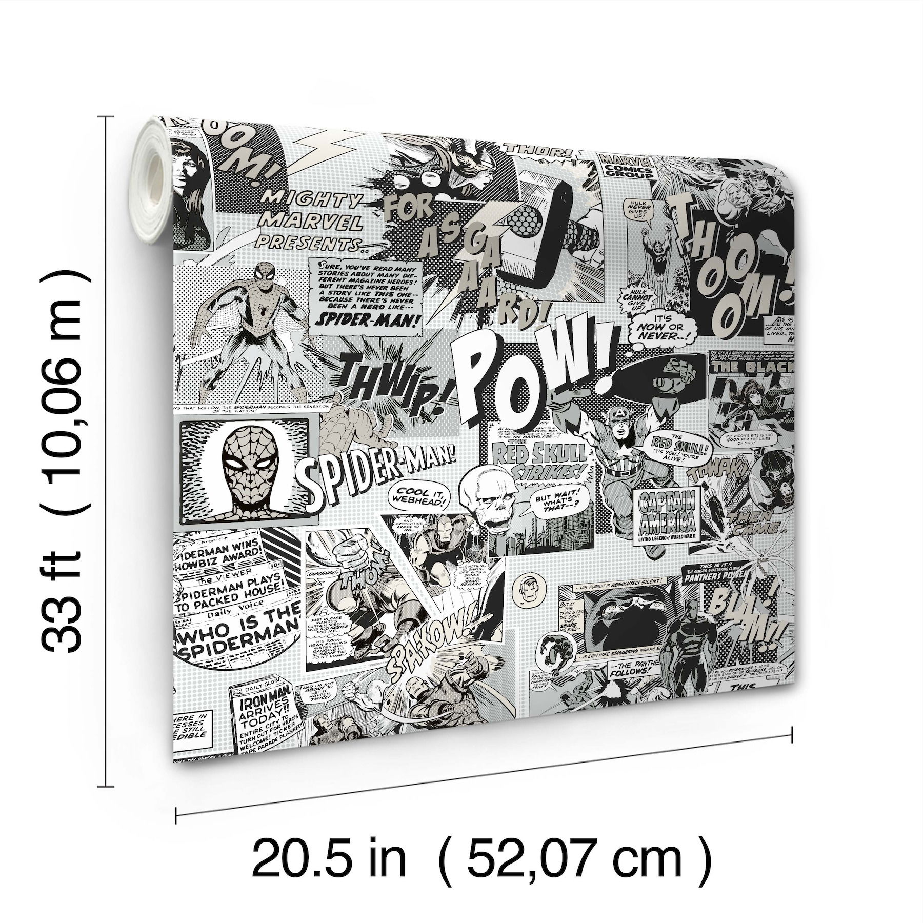 Marvel Comics Pow! Black & White Wallpaper, by York Wall, 33' length x 1'8.5" width x 0.02" depth View 6