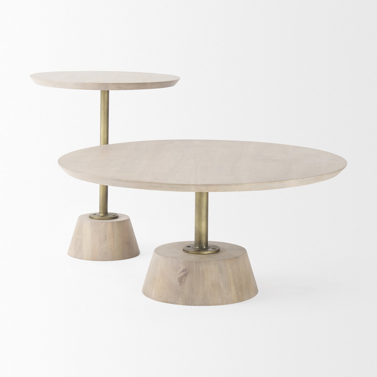 Maxwell 20' Round Light Brown Wood with Gold Metal Pedestal Side Table, Side & End Table by Mercana, 20" length x 20" width x 24" height View 7