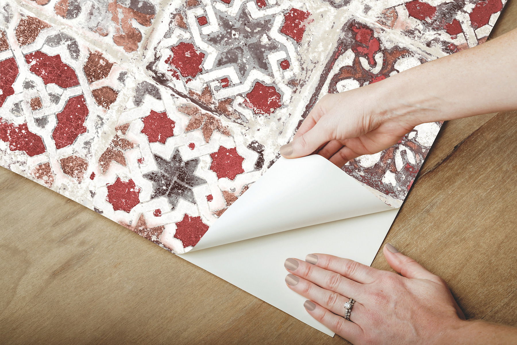 Encaustic Tile Red Peel & Stick Wallpaper large image 