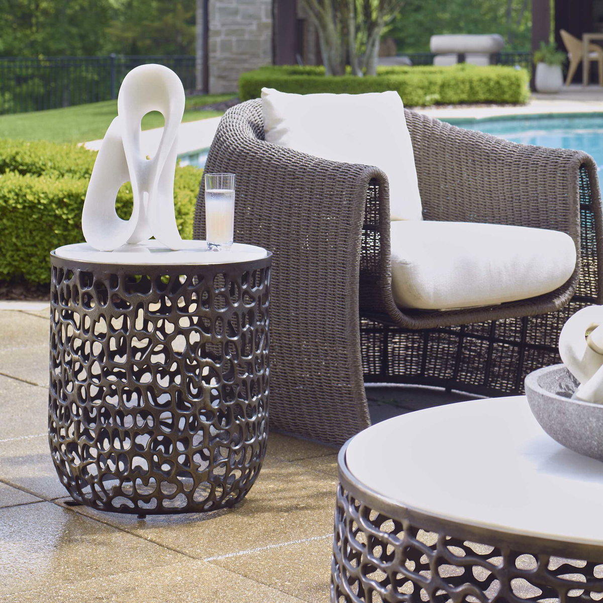 Sabena White Marble Outdoor Side Table, Outdoor Table by Uttermost, 1'6" width x 1'8" height x 1'6" depth View 2