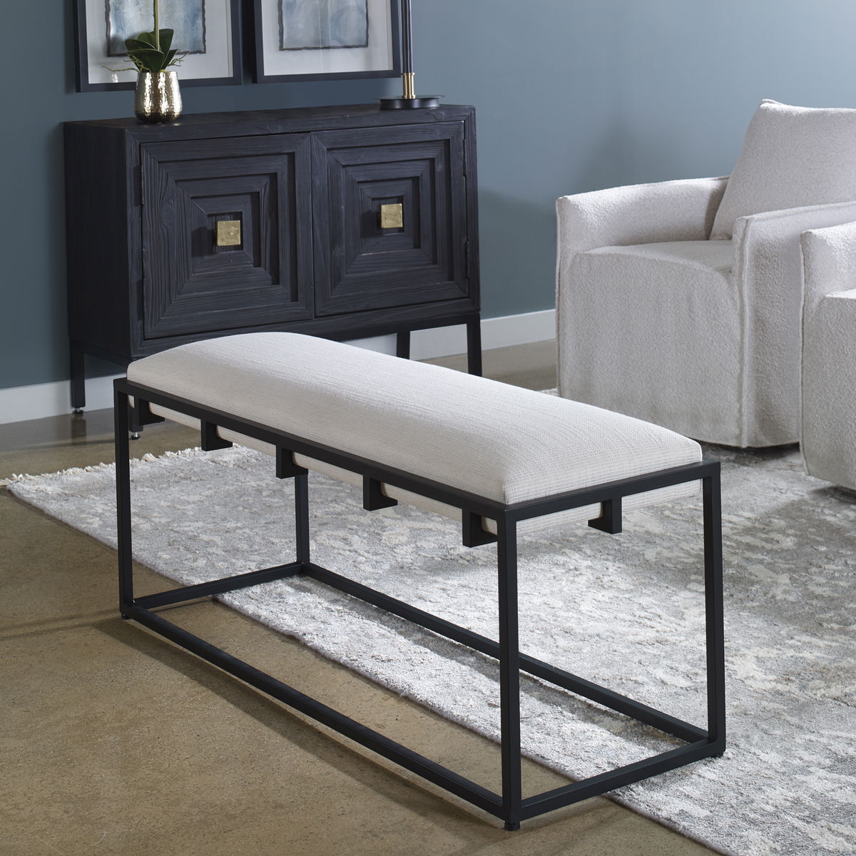 Paradox Iron & Fabric Bench, Benche by Uttermost, 47" width x 20.75" height x 16" depth View 2